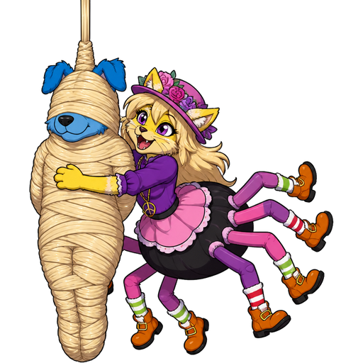 furry blue dog getting wrapped up and mummified webbed from head to toe by drider furry yellow cat anthro with purple eyes light blonde hair purple and pink florist hat and purple florist outfit with a purple spider's black lower body with eight pink spider legs wearing green and white and red socks orange boots with buckles light pink skirt peace sign necklace using its own light blonde hair webbing light blonde hair mummy cocoon from head to toe shaped like furry blue dog with arms behind back and legs bonded together completely covered with light blonde hair webbings hanging with light blonde hair webbings hunged by its ceiling then drider furry yellow cat anthro with purple eyes light blonde hair purple and pink florist hat and purple florist outfit with a purple spider's black lower body with eight pink spider legs wearing green and white and red socks orange boots with buckles light pink skirt peace sign necklace appears running towards and latching on it and hugs it cartoon clipart version