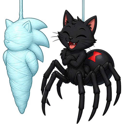 wrapped up and mummified fully covered in a #B8FFFF spider slik cocoon shaped like sonic the hedgehog arms behind back with #B8FFFF spider slik wrappings completely covered with thick layers non-transparent #B8FFFF spider slik wrappings hanging next to a happy male black widow spider cat drider hybrid