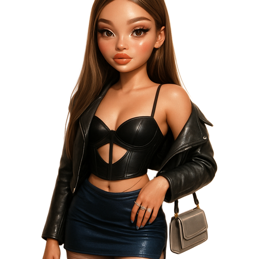 semi-realistic soft cartoon luxury glam, mini plush Bratz-doll aesthetic, cinematic glow, crisp clean detail, glossy glam skin. brown eyed Petite 5ft girl, fair skin with soft freckles, wide face with tall forehead, honey-brown almond wide-set upturned eyes, fluttery lashes, shimmer highlight, plush lips, bottom heavy lip, sweet Belle-princess vibe, long straight brunette hair with visible light blonde highlights, softly defined feminine body, soft hourglass shape with full round bust, hair parted razor-straight, cascading over her shoulders like glass. She wears a skin-tight black cutout corset top with thin straps crossing under the bust, structured boning running down her torso, and a glossy patent sheen catching flashes of neon light, Low-rise dark sapphire satin mini skirt hugging her hips with subtle ruching at the side, a tiny diamond belly chain glinting at her waist, She’s draped in a cropped leather moto jacket, worn halfway off one shoulder, her legs glowy, and glossed-end in black stiletto heels with pointed toes and thin ankle straps, tiny silver hoop earrings, stacked crystal rings, and a sleek silver shoulder bag with reflective hardware, winged liner, glassy caramel lips, radiant cheekbones, glossy hair tucked behind one ear. Cozy romantic glow, soft warm lighting, pop-princess energy