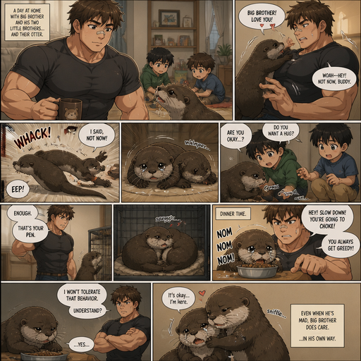 A DETAILED AND LIFELIKE ANIME Comic Book story view of a Bulky but Muscular ANIME Cute Bara Man With Peach toned skin Who looks Normal aind round facial Structure and Basic facial structure With Puffy and Big Pecs that are visible through the shirt and Biceps and Bandaid on his nose and Brown Fluffy and Strait hair. Wearing normal With his pet Grown and long and healthy otter and 2 little brothers that are in Late elementary grades. And they are in the house minding their businesses while the otter comes and tries to hug the older brother, but the older brother doesn’t like him, and the otter flies to the floor and the otter is Jerked. And is sad and Crawls to the Brothers for love. And the otter’s brother snuggles them too but both are scared of the bigger brother. And the brother puts him the otter in his pen. And the otter Snuggles his twin in the pen. And the Otter gets out to eat dinner and disciplines him for being greedy and his twin otter comforts. And has a shoulder to cry on