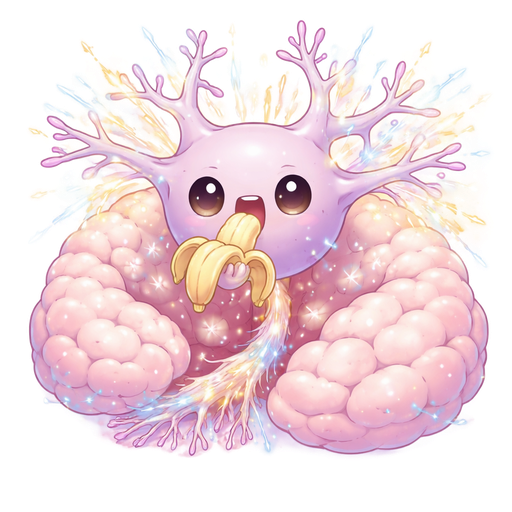 Your character (the neuron) eats the banana so fast it shoots tiny sparks of electricity all over the brain ⚡🍌