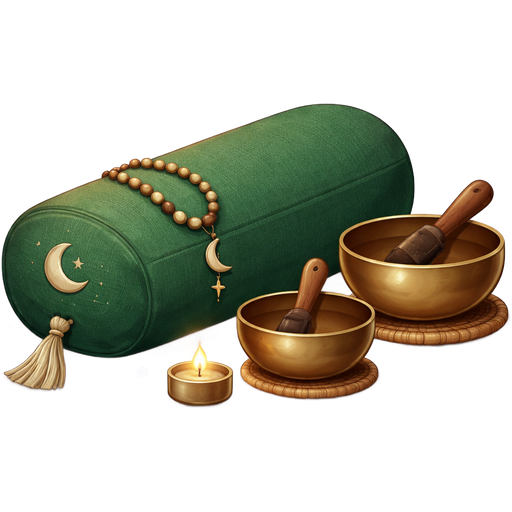 Green Yoga bolster with mindful Deco and with Singing Bowls on top next to each other and without engravings and without flowers