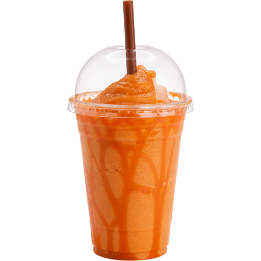 Thai-Style Tea Shaved Ice Slushie in a Plastic Cup and Plastic Dome Lid with a Straw Mixed in with Extra Syrup