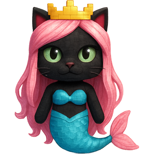 black cat pink long hair crown green eyes very long cyan and white mermaid tail with pink fins swimsuit cyan A minecraft movie style emoji, artistic style