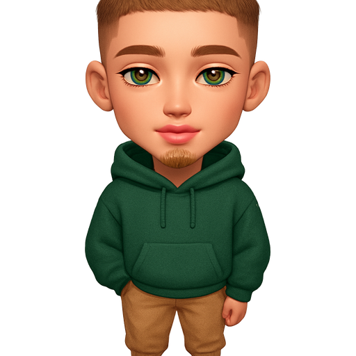 tall slender boy, inverted triangle face shape, slightly larger head ratio, pointed chin, light tan skin, light green slightly downturned eyes with long light brown lashes, straight nose, vibrant soft pink lips, textured light brown crop haircut with low fade, soft golden brown goatee only on chin (puffy chin goatee, no line from bottom lip), sweet boyish aesthetic, handsome vibe, prince-like boyfriend aura wearing deep pine green fleece hoodie, warm tan joggers, brown Vans, bratz glowy baddie style vibe