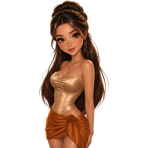 semi-realistic soft cartoon luxury glam, mini plush Bratz-doll aesthetic, cinematic glow, crisp clean detail, glossy glam skin. brown eyed Petite 5ft girl, fair skin with soft freckles, wide face with tall forehead, honey-brown almond wide-set upturned eyes, fluttery lashes, shimmer highlight, plush lips, bottom heavy lip, sweet Belle-princess vibe, long straight brunette hair with visible caramel highlights, wearing a golden satin sweetheart top with subtle corset seaming, a warm amber mini skirt with elegant draping and a tiny rose detail, delicate gold jewelry, hair in a romantic half-up style with soft curls, makeup with bronzed champagne lids, warm blush, soft liner, and a glossy honey-nude lip, posing with graceful storybook energy and a soft sophisticated smile