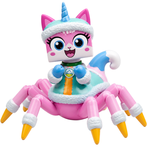 happy anthro furry pink cat drider with blue and white tail white wrists blue hands white ankles yellow tips on spider legs green collar blue unicorn horn based on unikitty wearing everest's hat and clothing figure toy