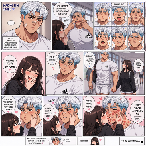 A Full page Anime Comic book story about of a masculine and Bulky ANIME Cute Bara Man American 20 year old with a ROUND and BASIC facial structure and TENAGE BARA CUTE MALE not to detailed With bigger than average Pecs that are visible through the shirt and Biceps and Bandaid on his nose and Left Cheek and Right Eye brow warring but a huge Scare on his eyebrow down to his cheek. Wearing a no piercings Baggy White Adidas Athletic shirt and Short and White Korean Permed Hair and Light blue hair Roots and Strait with brown eyes and black eyebrows. And makes more funny faces just to see her laugh. And then. Let me walk you to class and holds her hand and she says you look the cutest when you puff your cheeks and she grabs his cheek and has cuteness aggression towards him and Kissed him several time with many kiss marks on his face.