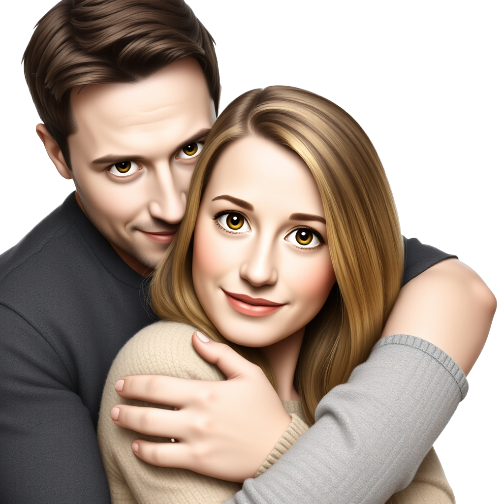 Let a man with dark brown hair, black eyes, white skin hug a brunette girl with green eyes with blonde hair