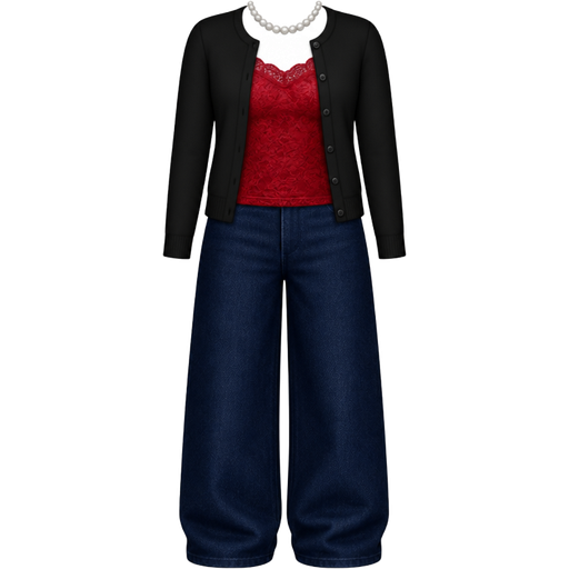 A red lace tank top with a black business cardigan on top with dark blue jeans that are baggy with no pockets and a white pearl necklace