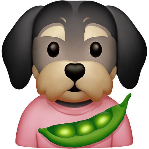 light grey forehead and yellowy beige cheeks and undereyes and light light grey beige chin with faint low opacity slight yorkie pattern of black and black body except for blonde V shape at neck and black and grey highlights ears that hang down like a shih tsu’s ear would be floppy but yorkshire terrier with a basic trim slender face short hairstyle and a light pink sweater on with a sugar snap pea pod in front of him