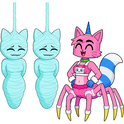 cartoon network version wrapped up and mummified fully covered in a #B8FFFF spider slik cocoon shaped like anthro cat girl anthro whimper arms behind back with #B8FFFF spider slik wrappings completely covered with thick layers non-transparent #B8FFFF spider slik wrappings hanged to the ceiling *whimper* on the left side next to wrapped up and mummified fully covered in a #B8FFFF spider slik cocoon shaped like anthro cat girl anthro whimper arms behind back with #B8FFFF spider slik wrappings completely covered with thick layers non-transparent #B8FFFF spider slik wrappings hanged to the ceiling *whimper* the left side next to happy eyebrows anthro femboy pink cat drider with blue and white tail white wrists blue hands white ankles yellow tips on spider legs green collar blue unicorn horn wearing femboy clothing based on unikitty