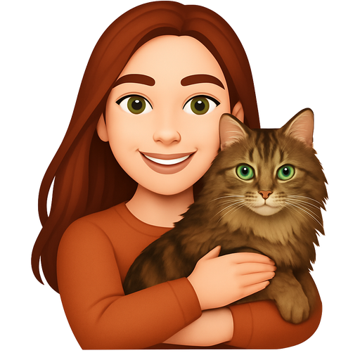 girl with long reddish brown hair, hazel-greenish eyes, oval face, medium thin eyebrows, medium lips, nose stud, hugging her long haired siberian cat with brown tortie tabby colour and green eyes, hugging her cat and smiling