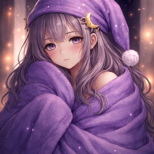 A girl with a purple night hat and a blanket rapped around her that is the same colour as the hat and she is a bit sad and tired and she has moon clips in her hair