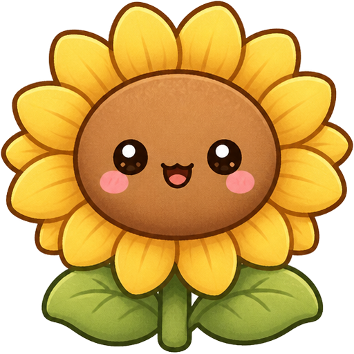 A sunflower 🌻 smiling, with words “nite 🖤” above! stars above the sunflower. a little red heart. mochi cat style