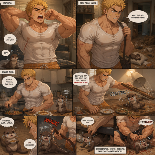 Structures and Young Adult BARA CUTE that is Peach Toned skin not anything else MALE not to detailed Wit h bigger than average Pecs that are visible through the shirt and Biceps and a big Bandaid on his nose and Left Cheek and Right Eye brow with Scars all over his Chest and arms. Wearing a White Baggy Top that is tight around the waist and Athletic shirt drenched in sweat and Short and yellowish orange Hair and Bright Gold Fluffy Hair and Strait with brown eyes and black eyebrows with a Three finger Slash on his Eyebrow. With no Facial Hair. Waking up in the morning in pajamas and his pet otter but Excessively bully’s it. And when he comes back from work he sees the otter right we’re he left him with trash around him and made a mess. He makes dinner and the Otter doesn’t even eat dinner and cries. And he Tips lamp over and Every food the otter doesn’t eat th e Otter doesn’t even eat dinner and cries. And he Tips lamp over and Every food the otter doesn’t eat there are is discipline. and asks for some and the looses a tail and tries to run under the couch but stops him. And the otter Receives Discipline that.