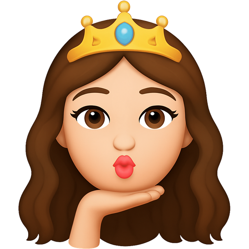 White Brunette girl with long brown wavy hair hazel eyes wearing princess tiara kissy face with hand under chin