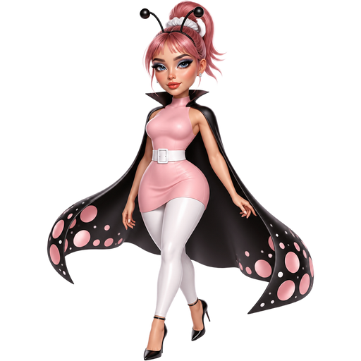 Andreina with a Fair-Light Neutral Natural Skin Tone and a Wide Lip Shape with a Doll Eyelash Style Set Up and a Coral Matte Lipstick with a Dark Blue Eyeshadow and a Steep Angled High-Arched Eyebrow with a Wide-Set Eye Shape and a Heptagon Face Shape with a Short Blush Pink Ponytail Including Short Bangs With a White Scrunchie and Grey Eyes with a Sleeveless Blush Pink Dress and a Thick White Belt with Long White Legging Pants and Black Heels Wearing a Black Gliding Cape Suit with Big Pink Dots on the Tips of her Cape and Small White Dots Followed Behind it and Wearing Black Antennae with a Luminous Glazed Complexion and a 3D Naturalistic Animation with a Mature Adult Curvy Toned Build and a Luxury Glossy with a Refined Pristine Set Up and a Theatrical Appearance