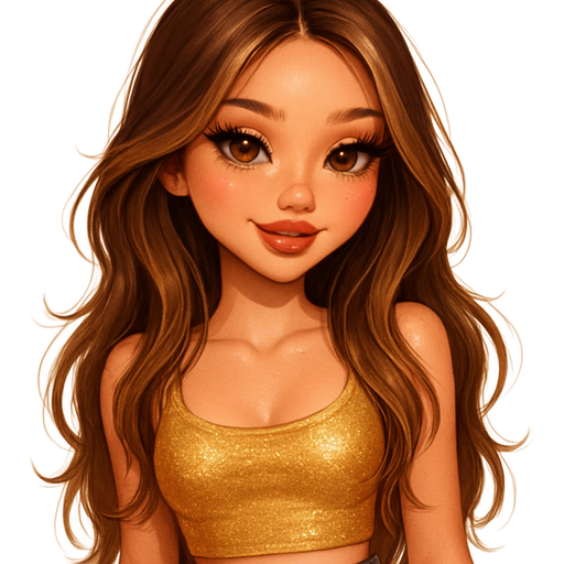 luxury glossy bratz-anime romantic aesthetic, warm cinematic glow, crisp clean detail, glossy glam skin. petite girl, warm soft-autumn tone, fair skin, honey-brown almond eyes, soft freckles, warm toasty glam makeup, glossy nude lips, flutter lashes, sweet Belle-princess vibe, long brunette honey balayage hair with visible light honey blonde highlights, Gold cropped top with denim shorts, tousled waves, bronzy lids, glossy lips, sunshine smirk, pop-princess energy, shimmer highlight, sparkly glow