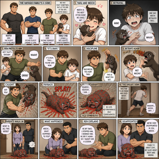 A Full Body Comic Book story view of a Bulky and hunky ANIME Cute Bara Man With Peach toned skin Who looks Normal and round facial Structure and Basic facial structure With Puffy and Big Pecs that are visible through the shirt and Biceps and Bandaid on his nose and Brown and Strait hair. Wearing a t-shirt and shorts. And the comic introduces each of his 3 brothers and the youngest has a pet otter and one day the otter betrayed the youngest but the second youngest protected him. youngest got scared and the second youngest says it’s OK. and the otter gets disciplined as then the otter betrays again but he catches the otter and the otter fly to the ground and Ted all over him. And the otter cries but there is not affection given. and I’m the youngest runs away to his room, crying about the otter. And then the parents walk in and they find mochi on the ground red all over him and they ask what happened and the second to youngest explains what happened and they are disappointed in the otter