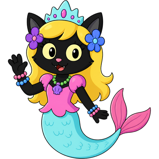 black cat with light yellow hair purple and blue flowers light cyan crown purple and green necklace pink and blue bracelets pink dress attached to long light cyan mermaid tail with pink fins based on princess mindy spongebob squarepants movie