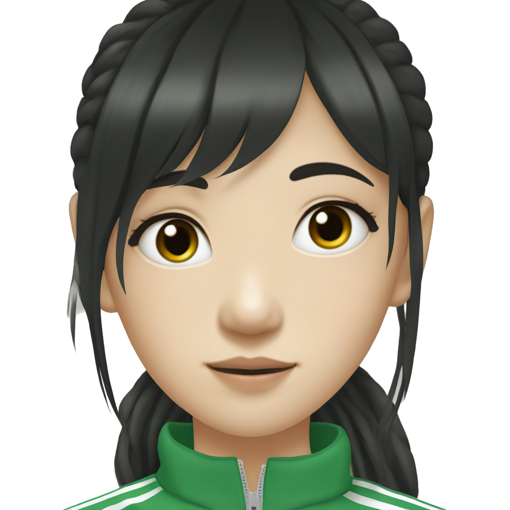 Korean girl, white skin, long eye lash, pretty, black hair with bangs and layered-cut(mid length), wearing green addidas zip-up