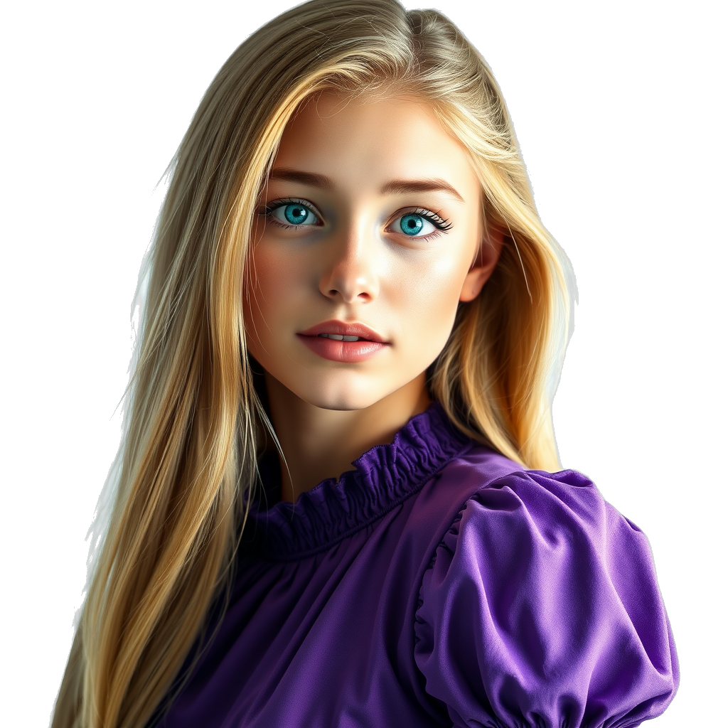 A young woman, with green eyes, with long hair, with blonde hair, with straight hair, with bright reflections in her hair, with a cute nose, beautiful lips, dressed as a rapunzel, with a purple dress