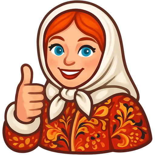 девушка с голубыми глазами и рыжими волосами в белом платке и шубе с хохломской росписью #9B2D30 и серый, показывает лайк