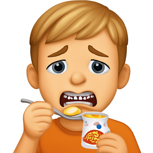 12 year old boy with braces, with white skin, Braces, blue eyes, dirty blonde hair, braces with blue bands, with a painful mouth, eating yoplait orange crème yogurt