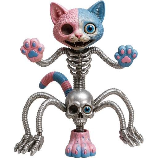 toy pink and blue cat head one blue doll eye are on right toy pink and blue cat paws skeleton like body made of sliver flexible hoses toy pink and blue cat tail with sliver human skull head with blue doll eye on left eye socket 3 spider like legs made of sliver flexible hoses with attached 2 endoskeleton feet 1 toy pink and blue cat foot happy meal toy