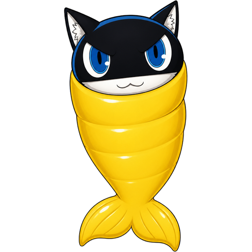 morgana anthropomorphic cat Persona 5 encased tightly inside a non-transparent rubber pooltoy long yellow mermaid tail