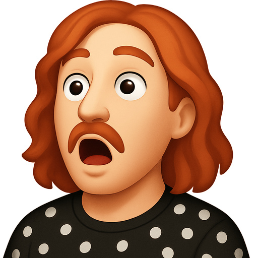 A red-haired man with wavy shoulder-length hair, full lips, a predatory nose and mustache, wearing a black shirt with white polka dots, throws his head back and looks surprised.