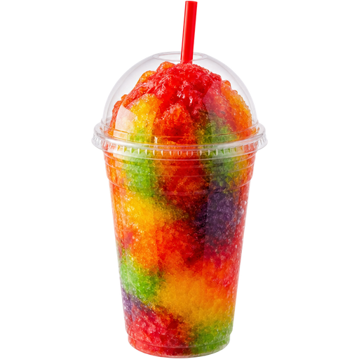 Skittles Shaved Ice Slushie in a Plastic Cup and Plastic Dome Lid with a Straw Mixed in with Extra Syrup