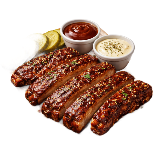 Sweet & Spicy BBQ Rub Ribs with Sliced Pickles on the side and a cup of BBQ Sauce and Ranch with Oregano on a wooden Serving Tray