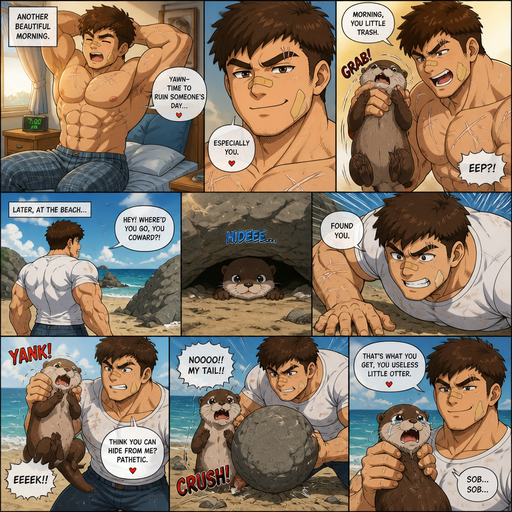 Anime Comic book story about of a Bulky ANIME Cute Bara Man American 20 year old with a ROUND and BASIC facial structure and Young Adult BARA CUTE that is Peach Toned skin not anything else MALE not to detailed With bigger than average Pecs that are visible through the shirt and Biceps and a big Bandaid on his nose and Left Cheek and Right Eye brow with Scars all over his Chest and arms. Wearing a white shirt that is tight around the waist and Jeans drenched in sweat and Short and Brown strait Fluffy Hair and Strait with brown eyes and black eyebrows with a Three finger Slash on his Eyebrow. With no Facial Hair. Waking up in the morning in pajamas and his pet baby Unathletic otter but Excessively bully’s it by holding his collar around his neck. And then they go to the beach and try’s to hide under the rock and he finds the otter and then looses his tail from a boulder Excessively bully’s him more