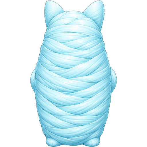 wrapped up and mummified fully covered in a #B8FFFF spider slik cocoon shaped like furry corgi arms behind back with #B8FFFF spider slik wrappings completely covered with thick layers non-transparent #B8FFFF spider slik wrappings