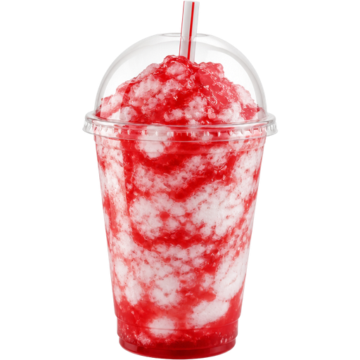 Christmas Peppermint Shaved Ice Slushie in a Plastic Cup and Plastic Dome Lid with a Straw Mixed in with Extra Syrup