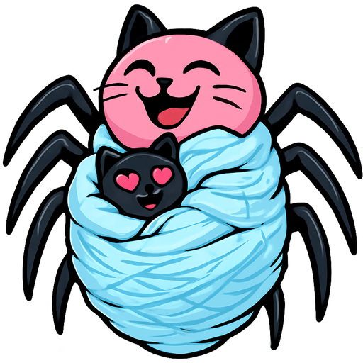 very huge pink and black cat spider hybrid happy hugging #B8FFFF slikworm cocooned pod small black cat happy with pink heart eyes covered with #B8FFFF huge coating of #B8FFFF slik and huge #B8FFFF slik wrappings and huge #B8FFFF webbing wrappings #B8FFFF