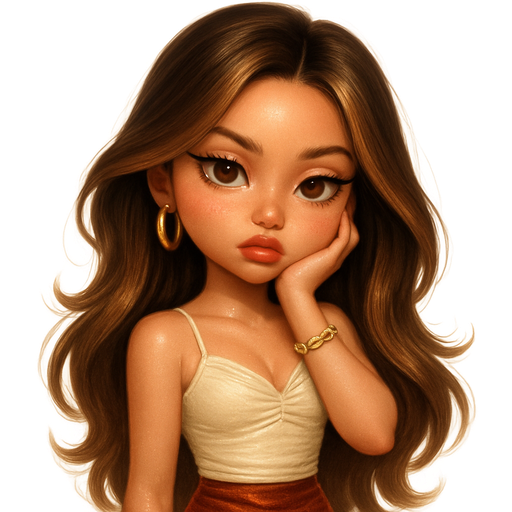 luxury glossy bratz-anime romantic aesthetic, warm cinematic glow, crisp clean detail, glossy glam skin. petite girl, soft-autumn tone, fair skin, honey-brown almond eyes, soft freckles, round moderate bust, sweet Belle-princess vibe, very long brunette honey balayage hair with visible light honey blonde highlights, cream ruched cami + velvet skirt, mood: bored princess about to cause drama, hair: blowout with big velcro-roller volume, makeup: velvety skin blurred lip liner gloss smoked lash line, jewelry: chunky gold hoops gold chain bracelet, pop-princess energy, shimmer highlight, sparkly glow