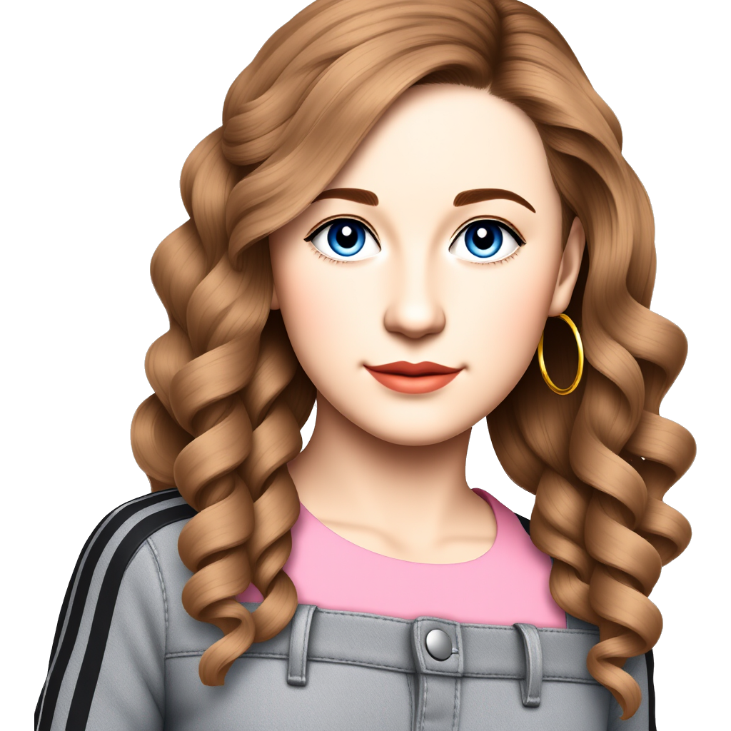 Girl with blue eyes brown blonde hair with a pink top Earring hoops neclaces in gold full 2c curls whole body schoeiing flaired jeans grey with black stripes addidas campus tight shirt