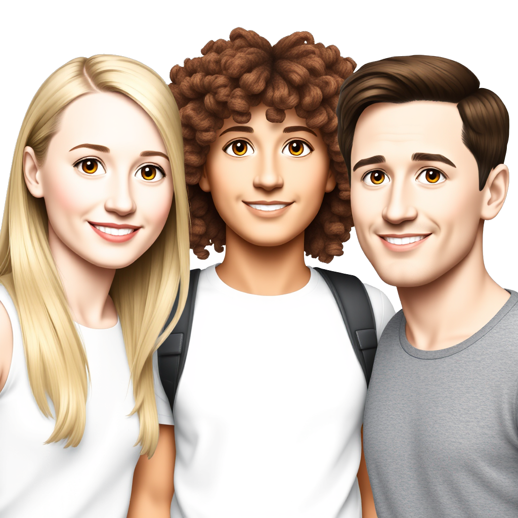 1 white girl with blonde hair, 1 white girl with brown curly hair, with 1 white guy with short dark brown hair