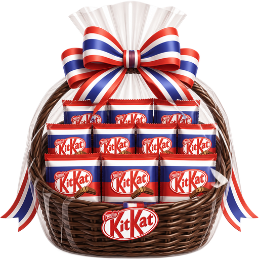 KitKat ตะกร้าสีน้ำตาลเข้ม ที่ห่อพลาสติก มีโลโก้KitKat และริบบิ้นลายธงชาติไทย ด้านในตะกร้า มีซองKitKatธงชาติไทย10ซอง