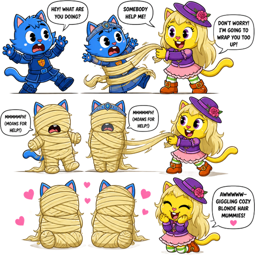 1 blue knight boy cat furry hey what are you doing? and blue knight girl furry somebody help me! getting quickly wrapped up mummified by furry yellow cat anthro with purple eyes light blonde hair purple and pink florist hat and purple florist outfit green and white socks orange boots with buckles light pink skirt: don't worry I'm going to wrap you too up with light blonde hair 2 light blonde hair mummies shaped like blue knight boy cat furry lets out a muffled moans for help blue knight girl cat furry lets out at muffled moans for help completely covered with light blonde hair mummy then furry yellow cat anthro with purple eyes light blonde hair purple and pink florist hat and purple florist outfit green and white socks orange boots with buckles light pink skirt lets out an adorable giggling cozy blonde hair mummies! cartoon comic happy tree friends version