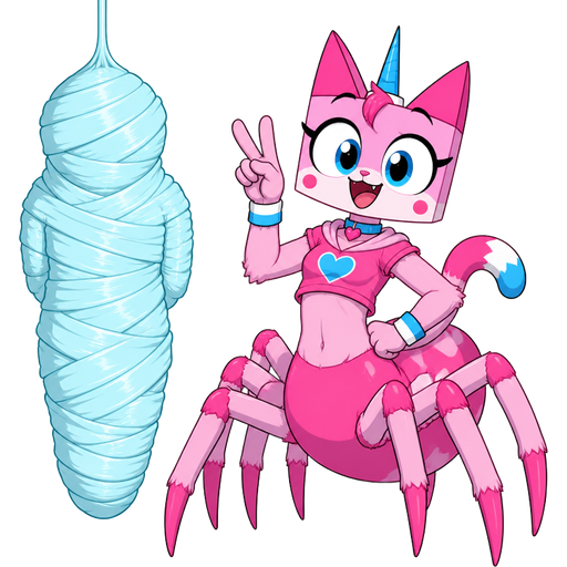 wrapped up and mummified fully covered in a #B8FFFF spider slik cocoon shaped like boy arms behind back with #B8FFFF spider slik wrappings completely covered with thick layers non-transparent #B8FFFF spider slik wrappings silken prison hanging on ceiling on left side next to a happy anthro femboy pink cat anthro drider hybrid doing victory sign smiling based on unikitty