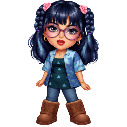 Everything Muffin With a Fair-Light Warm Golden Natural Skin Tone With a Wide Lip Shape with a Grey Eyeshadow and a Thick Eyebrow with a Hooded Eye Shape and a Oval Face Shape with a Dark Blue Hair with a Bubble Braided Medium Cut Hairstyle including Bangs with the Scrunchies Being Pink Flowers and Pastel Blue Highlighted Streaks Throughout the Hair Wearing Purple Large Rounded Glasses with a Dark Red Lipstick Wearing a Dark Teal Dress with a Printed Pattern of Three Light Blue Stretched out Upside Down Triangles with a Short Sleeved Button Up Shirt With the Top Being Light Blue and The Bottom is Steel Blue and the Sleeves Have a Wavy Printed Pattern With the Waves Being Teal and the Surrounding Being Turquoise With Steel Blue Pants and Long Brown Plush Boots with a Mature Adult Toned Build and Luxury Glossy