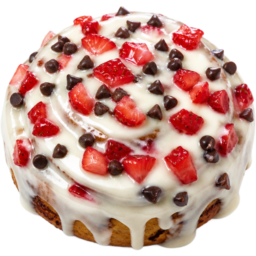 Cinnamon Roll with Thick Vanilla Frosting and Covered in Chunks of Strawberries and Mini Chocolate Chips
