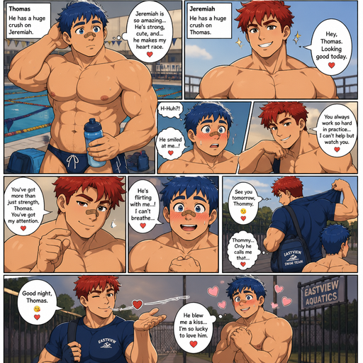 A Comic book story of a Bulky and muscular ANIME Cute Bara Man Who looks Normal and American with a round facial Structure and Basic facial structure With Big Pecs and Biceps and Bandaid on his nose. Wearing a School Swimming Uniform and shorts with Royal Blue hair and named Thomas and has a huge crush on Jeremiah. And a Masculine and Cute guy that looks exactly like Thomas, but his face looks different and his name is Jeremiah and has Red Hair and Has a Huge crush on Thomas. One day Thomas at Practice near a swimming a pool. Jeremiah smiles and Makes Thomas Blushes. Jeremiah Flirts with Thomas. And Jeremiah puts his shirt on and Goes home and Blows a kiss to Thomas