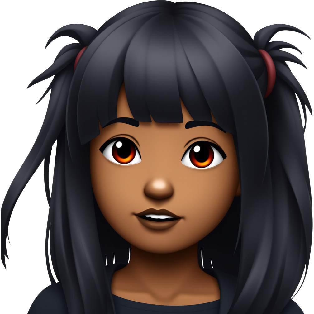 Girl, vampire, black hair, messy pig tails with micro bangs, emo, african american skin, red eyes, visable fangs,emoji,cute