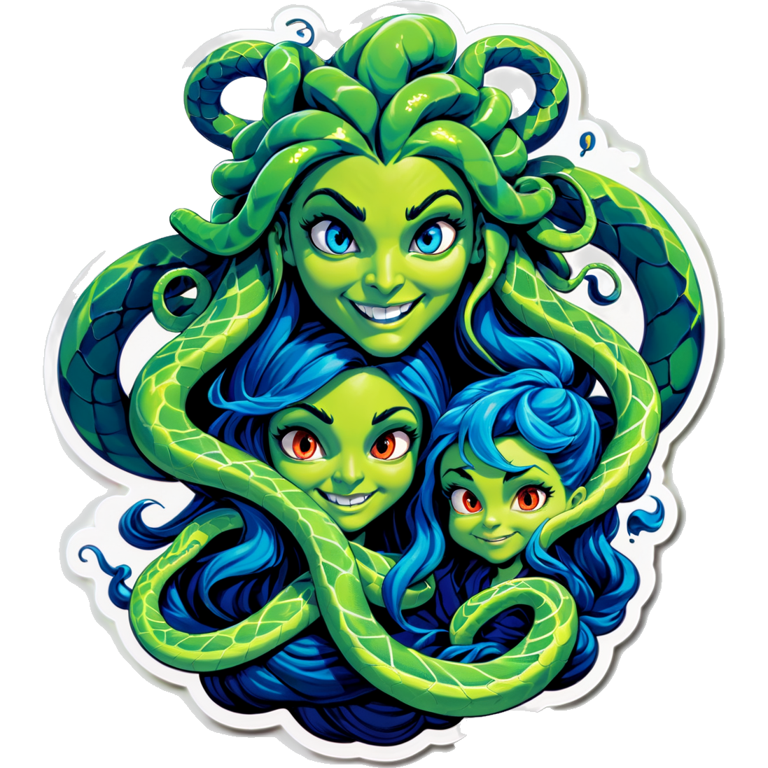 Female Medusa green snakes for hair & male hades blue flames for hair as a couple holding there 2 year old son