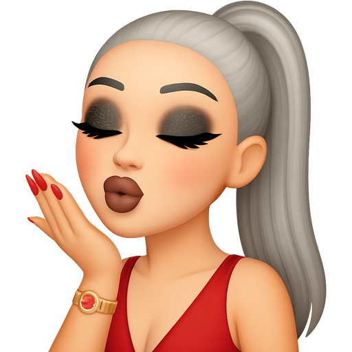 thin face ,bold-lashes with a redd open dress with black glitter eyeshadow .rose chicks and nude dark brown lips with French nails and brown eyes and silver ponytail long hair with long red nails wearing Rolex with red rubies thin gray eyebrows givin kisses